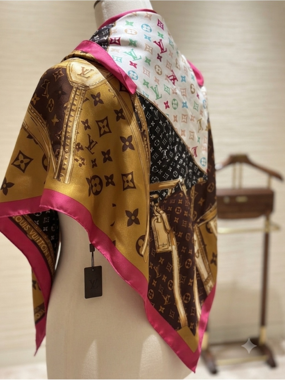 Multicolor Monogram 100% Silk Wrap with Pink Trim